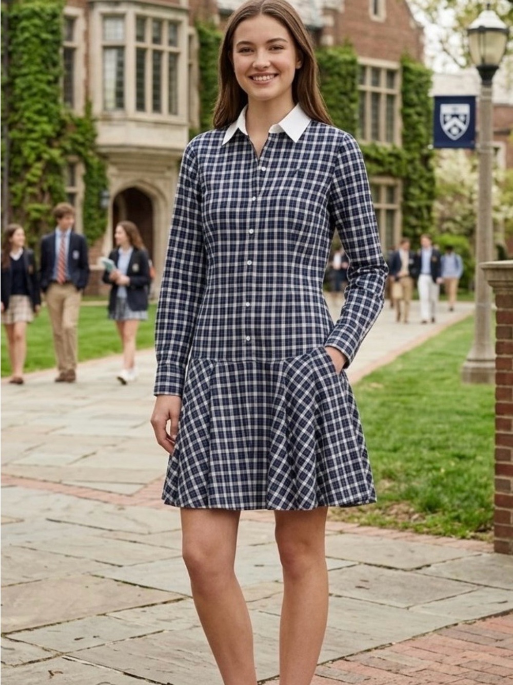 Polo by Ralph Lauren Navy and White Plaid Button-Front Drop-Waist Mini Dress
